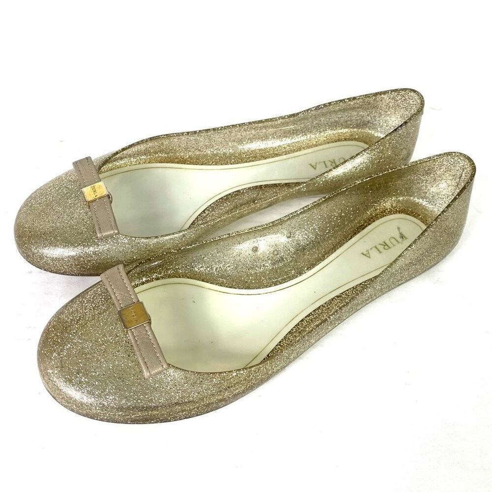 Furla Gold Sparkly Glitter Bow Accent Clear Plastic Jelly Ballet Flats Size 7/37